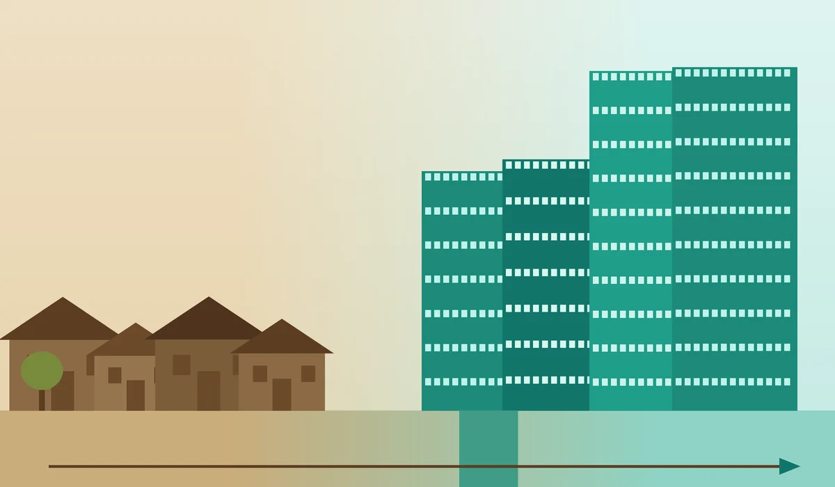 Illustrated timeline of Bangalore apartment culture evolving from old homes to modern gated townships
