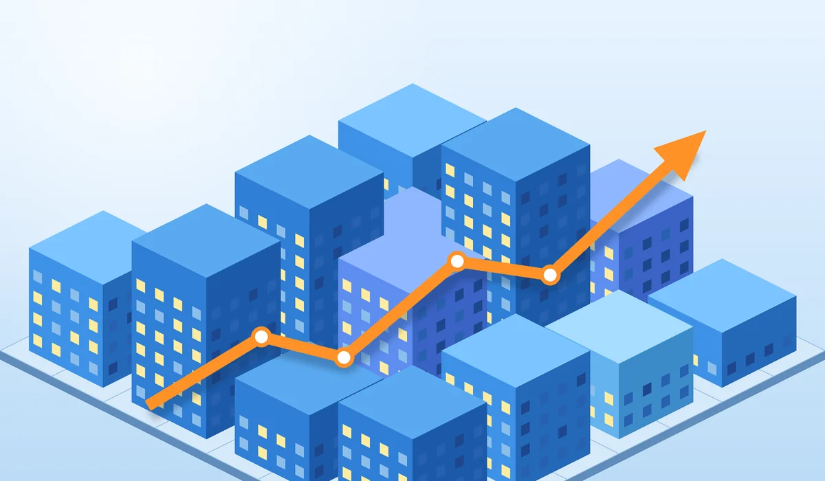 Isometric illustration of Bangalore city blocks with rising growth bars for the 2026 real estate market