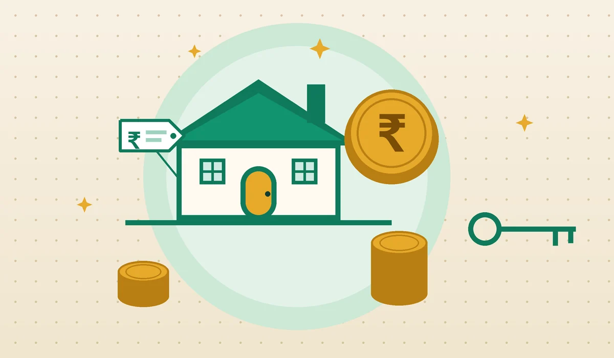 Line art illustration of a home with coins and a rupee symbol showing Bangalore real estate affordability