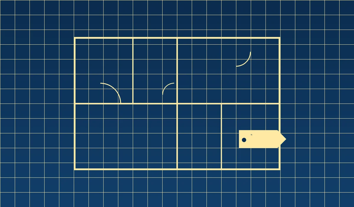Illustrated 3 BHK apartment floor layout with a price tag showing the cost of a flat in Bangalore