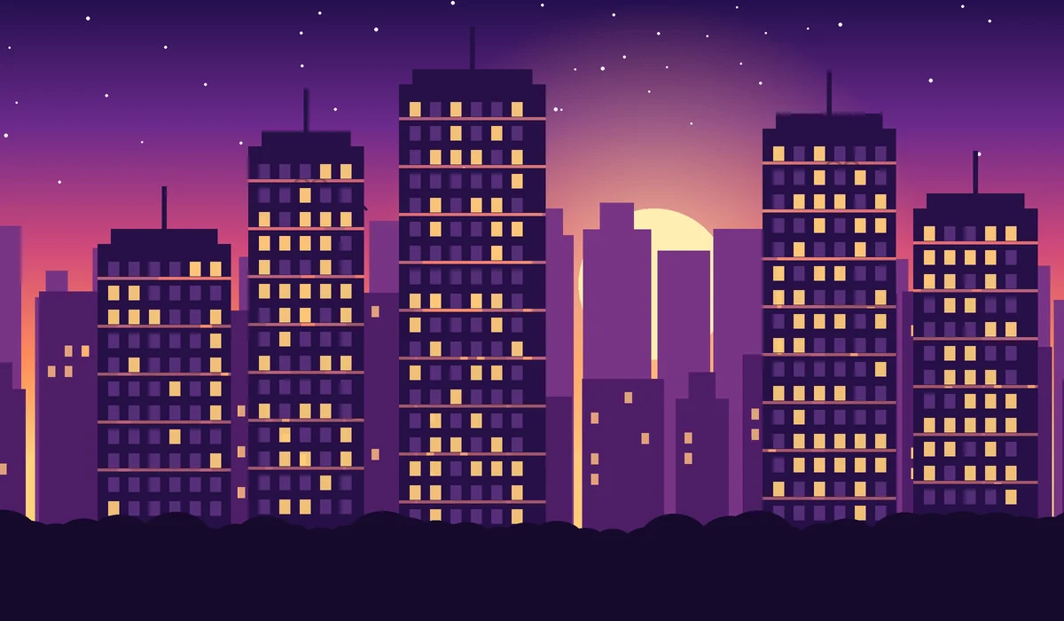 Illustrated skyline of high rise apartments in Sarjapur Road Bangalore at sunset