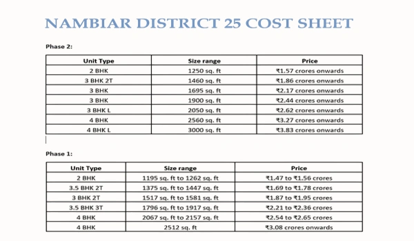 Nambiar District 25 Cost Sheet