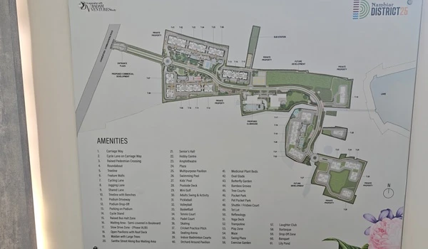 Detailed master plan map of Nambiar District 25 displaying the layout of residential towers, clubhouse, and a list of 61 specific lifestyle amenities