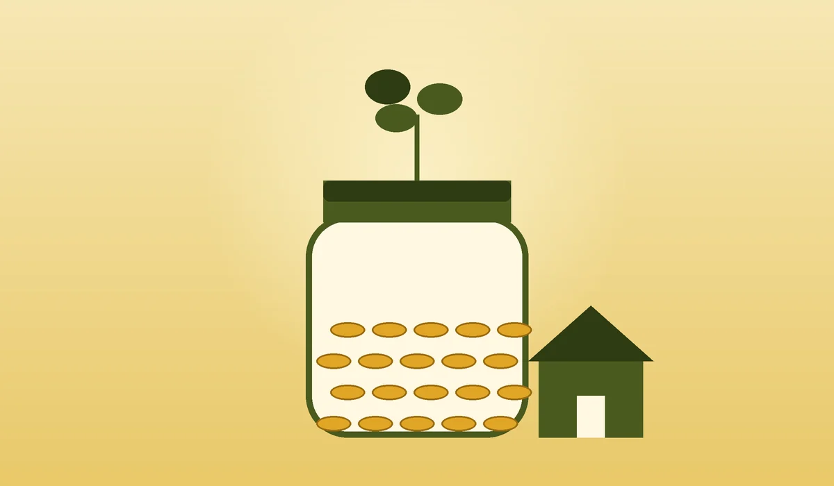 Illustrated retirement savings jar with a home and plant growing beside it, representing long-term wealth