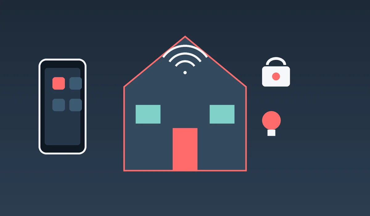 Illustrated smart home with a phone app controlling lights, locks and climate in a modern apartment