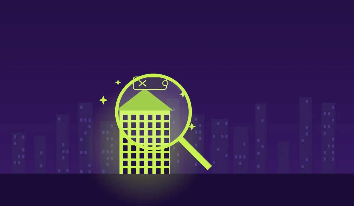 Illustrated magnifying glass spotting a glowing undervalued house among plain city buildings in Bangalore