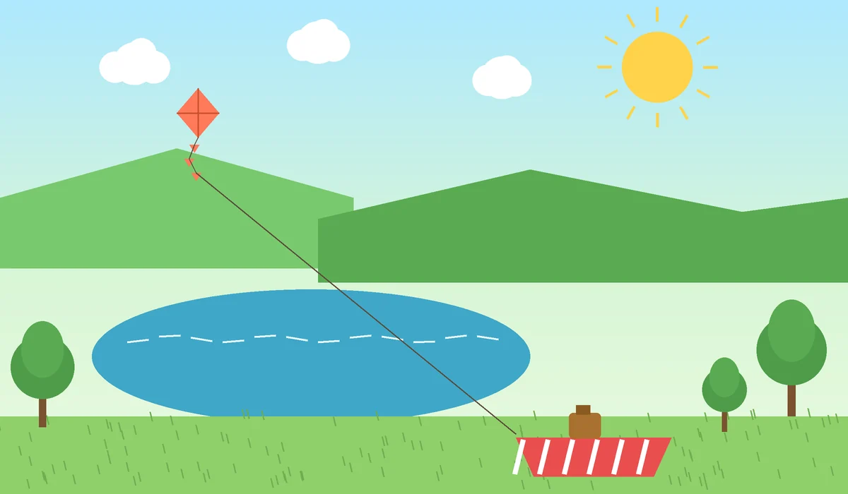 Illustrated sunny lake with hills, a picnic blanket and a kite near Dommasandra for weekend getaways